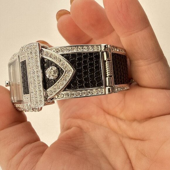 Victoria Wieck Watch Buckle Hinged Cuff Crystal Rhinestone Silver Tone Black HSN main image 11